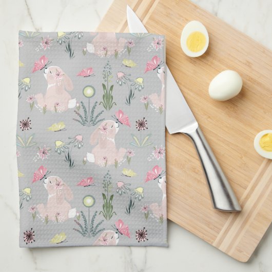Linge De Cuisine lapin mignon avec fleurs et papillons (Quart Plié)