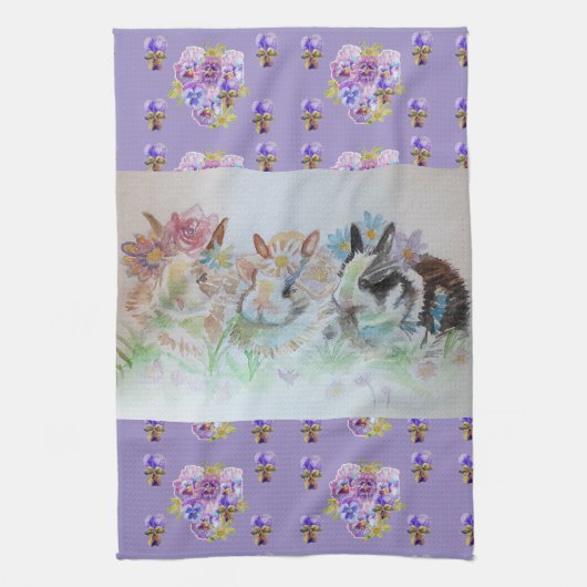 Linge De Cuisine Lapins Cute Lavender Aquarelle Boulet Floral (Vertical)