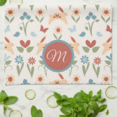 Linge De Cuisine Lapins Oiseaux Fleur sauvage Monogramme (Plié)