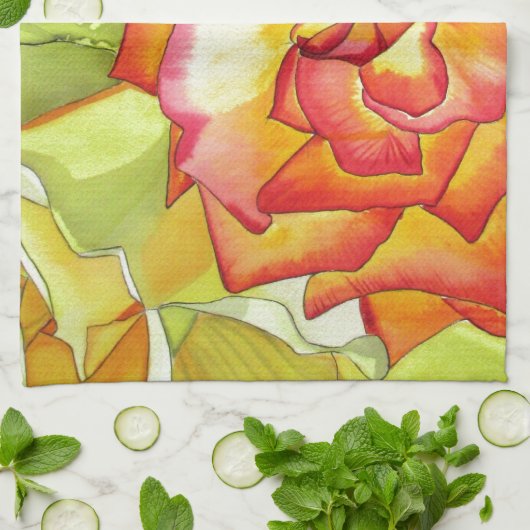 Linge De Cuisine L'art de l'aquarelle aux roses orange et jaune (Plié)