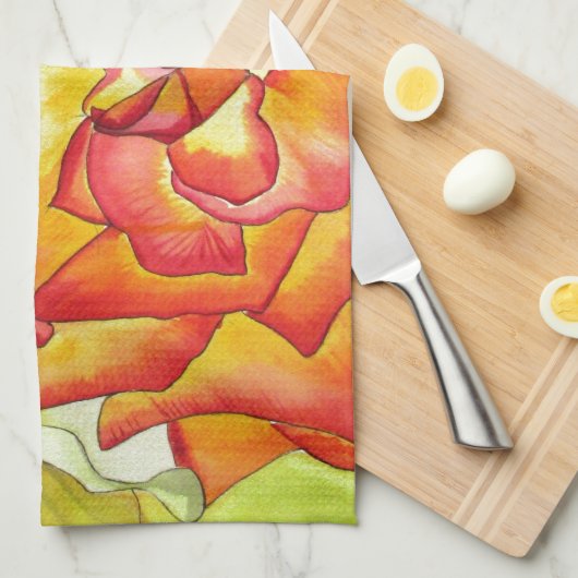 Linge De Cuisine L'art de l'aquarelle aux roses orange et jaune (Quart Plié)