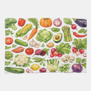 Linge De Cuisine Légumes et herbes d'été mixtes à l'aquarelle