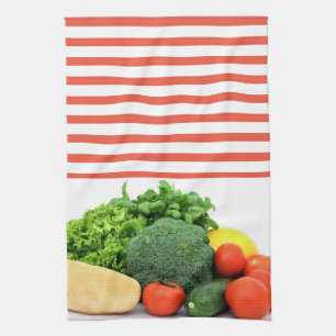 Linge De Cuisine Légumes sur fond rayé rouge et blanc
