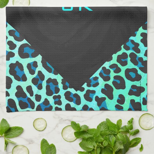 Linge De Cuisine Léopard noir et Turquoise (Plié)