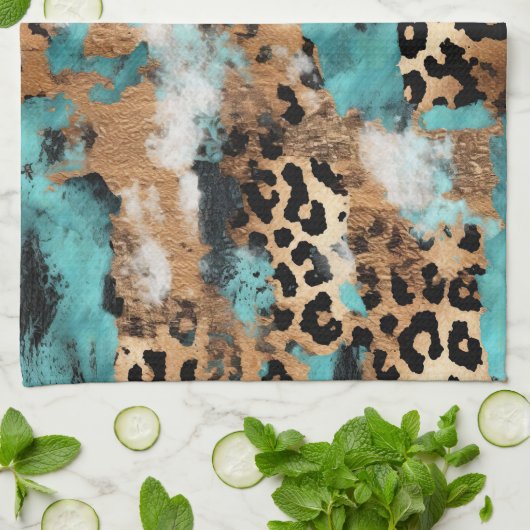 Linge De Cuisine Léopard Noir Turquoise (Plié)