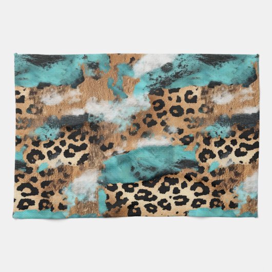 Linge De Cuisine Léopard Noir Turquoise (Horizontal)