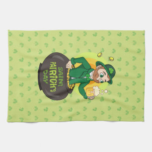 Linge De Cuisine Leprechaun de dessin dans une casserole d'or tenan