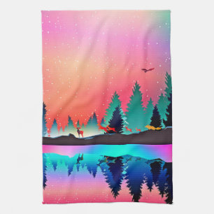 Linge De Cuisine Les animaux de l'aurore des montagnes boisées