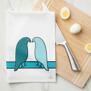 Linge De Cuisine Les Lovebirds en Aqua et Turquoise en Blanc