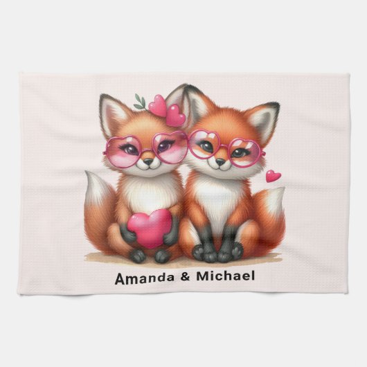 Linge De Cuisine Les mignons renards orange en amour (Horizontal)