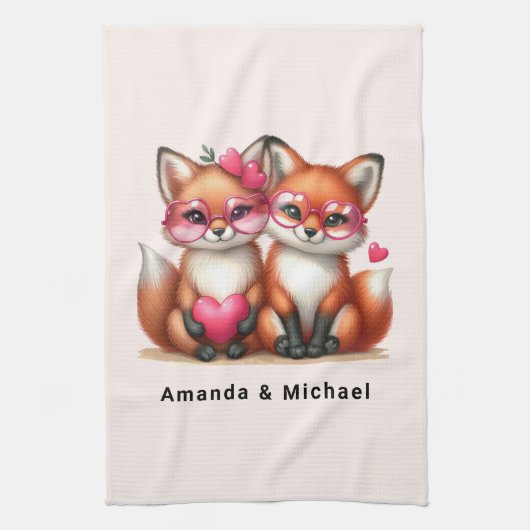Linge De Cuisine Les mignons renards orange en amour (Vertical)