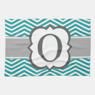Linge De Cuisine LETTRE Turquoise MONOGRAPHIQUE BLANCHE O Chevron