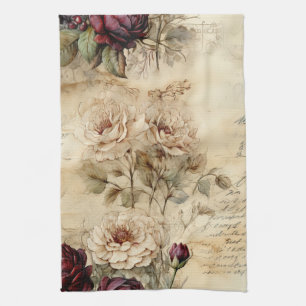 Linge De Cuisine Lettre vintage d'amour parchemin avec fleurs (7)