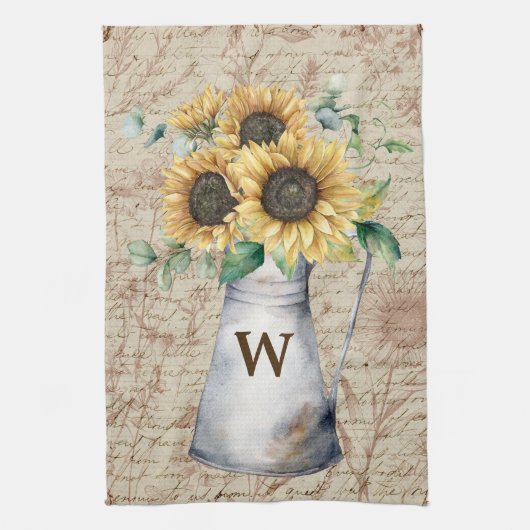 Linge De Cuisine Lettre Vintage Monogramme tournesol rustique (Vertical)