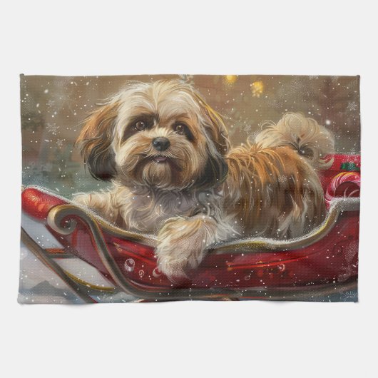 Linge De Cuisine Lhasa Apso Chien Fête de Noël (Horizontal)
