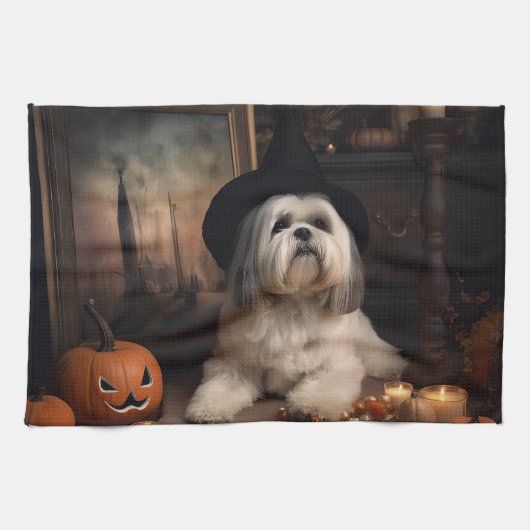 Linge De Cuisine Lhasa Apso Citrouille Halloween effrayant (Horizontal)