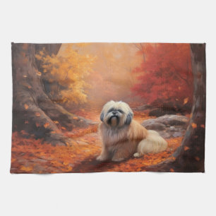 Linge De Cuisine Lhasa Apso dans les feuilles d'automne tombent ins