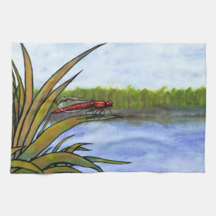 Linge De Cuisine libellule rouge aquarelle assise sur l'herbe et le