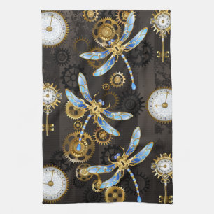 Linge De Cuisine Libellules Steampunk sur fond rayé marron