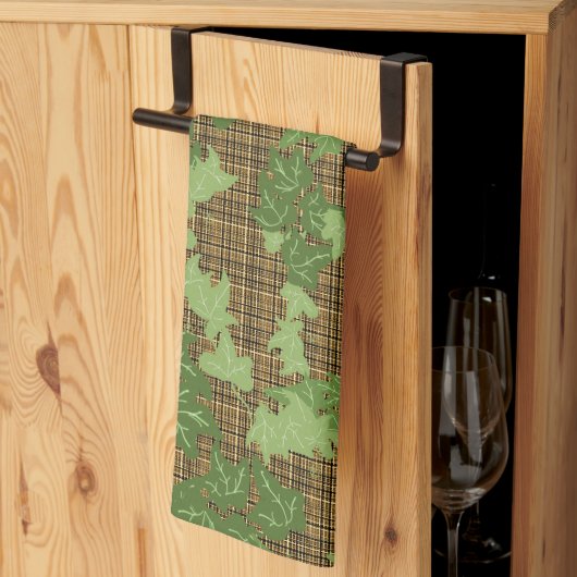 Linge De Cuisine Lierre vert sur plaid doré noir (Pliage en tiers)