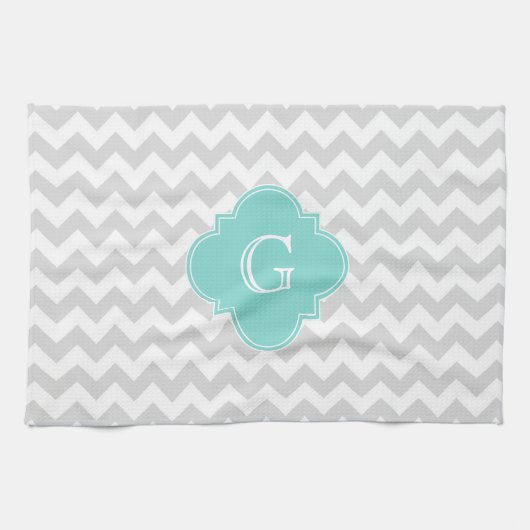 Linge De Cuisine Light Gray White Chevron Aqua Quatrefoil monogram (Horizontal)