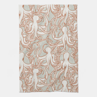 Linge De Cuisine Ligne Art Octopus | Moderne Côtière (Orange & Gris