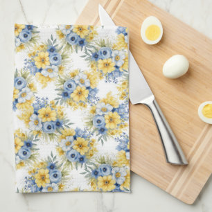 LINGE DE CUISINE LIGNES DE FLEURS BLANCHES JAUNES BLANCHES PETITES