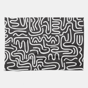 Linge De Cuisine Lignes ondulées de doodle rétro : Monochrome