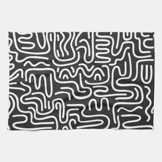 Linge De Cuisine Lignes ondulées de doodle rétro : Monochrome (Horizontal)