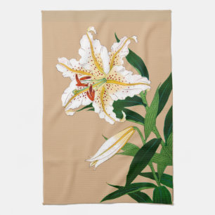 Linge De Cuisine Liliy japonaise vintage. Blanc, vert et beige