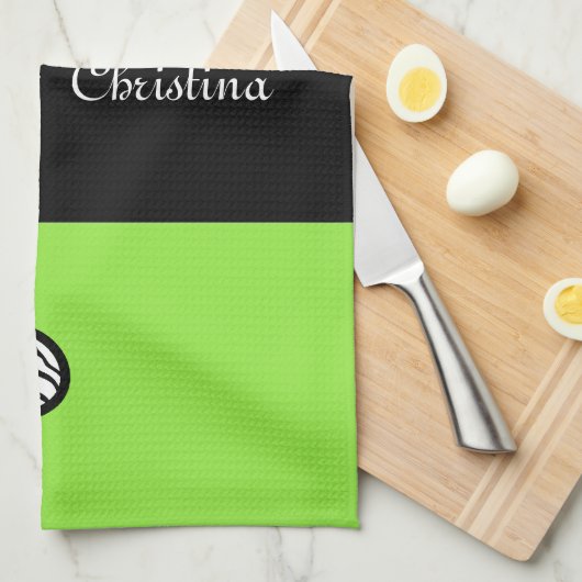 Linge De Cuisine Lime vert noir blanc zèbre motif nom du coeur (Quart Plié)