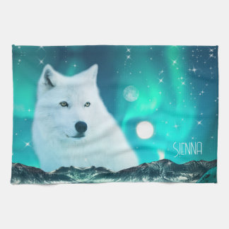 Linge De Cuisine Loup arctique et nuit magique avec aurores boréale