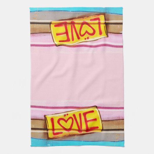 Linge De Cuisine LOVE Graffiti plat serviette, rose, tan & bleu (Vertical)
