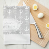 Linge De Cuisine Lt Grey | Ancres blanches Roues Monogramme nautiqu (Quart Plié)