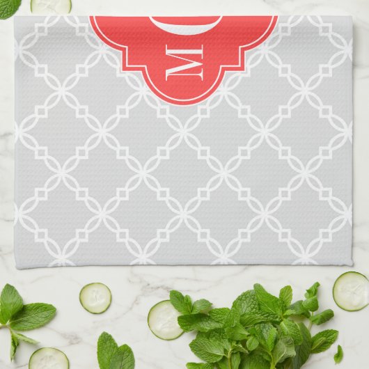 Linge De Cuisine Lt Grey Blanc Fancy Quatrefos 3 Monogramme initial (Plié)