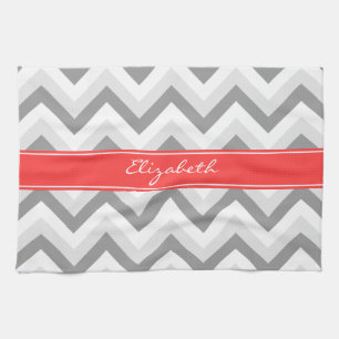 Linge De Cuisine Lt Grey Med Grey Blanc Chevron Nom du corail Monog