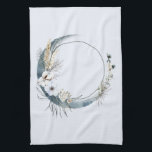 Linge De Cuisine Lune de croissant bleu avec fleurs blanches<br><div class="desc">Une serviette de cuisine avec une illustration mystique. Une lune bleu foncé avec un contour élégant en cercle mince et des fleurs blanches fleurissent le long de ses bords.</div>