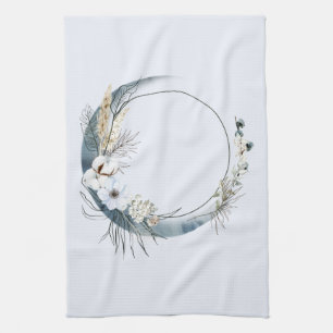 Linge De Cuisine Lune de croissant bleu avec fleurs blanches