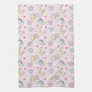 Linge De Cuisine Lune, étoiles et nuages Motif sur Pastel Pink