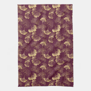 Linge De Cuisine Luxueux Ginkgo Burgundy Or