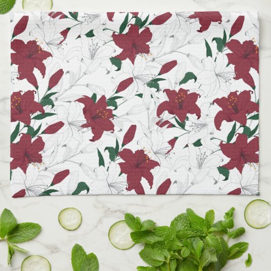 Linge De Cuisine Lys de Noël rouges et blancs (Plié)