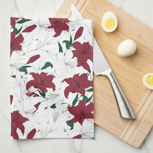 Linge De Cuisine Lys de Noël rouges et blancs (Quart Plié)