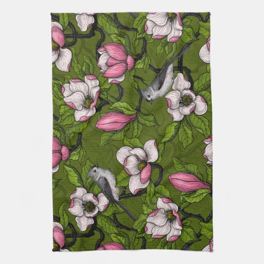 Linge De Cuisine Magnolia en floraison et oiseau de tireur 2 (Vertical)