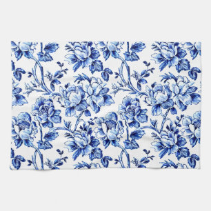 Linge De Cuisine Magnolias bleu et blanc Toile de Jouy