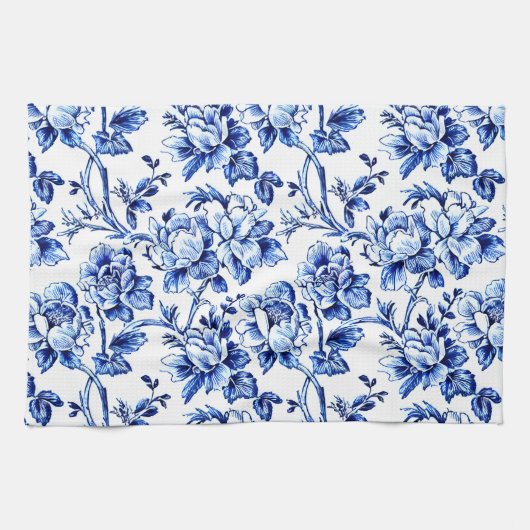 Linge De Cuisine Magnolias bleu et blanc Toile de Jouy (Horizontal)