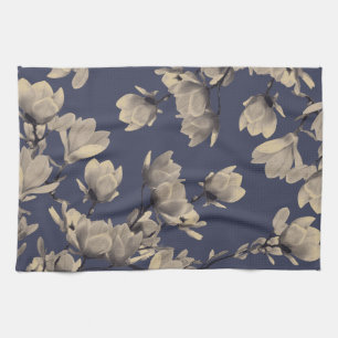 Linge De Cuisine Magnolias du Sud et Floral bleu de minuit