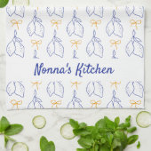 Linge De Cuisine Main personnalisée dessinée citrons bleu italien (Plié)