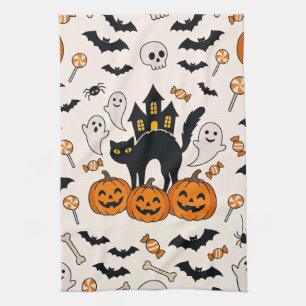 Linge De Cuisine Maison hantée de chat noir et de citrouille pour H
