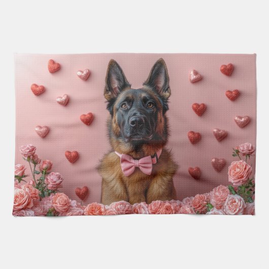Linge De Cuisine Malinois belge avec des roses - Saint-Valentin  (Horizontal)