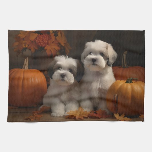 Linge De Cuisine Malti tzu Puppy Citrouille d'automne (Horizontal)